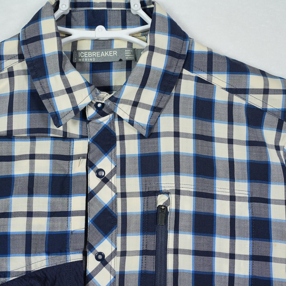 Icebreaker Merino Wool Plaid Short Sleeve Snap Button Shirt Blue Mens Small